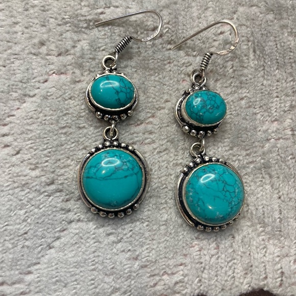 Sterling Silver antiqued bezel oval & round created turquoise drop earrings - Picture 3 of 4